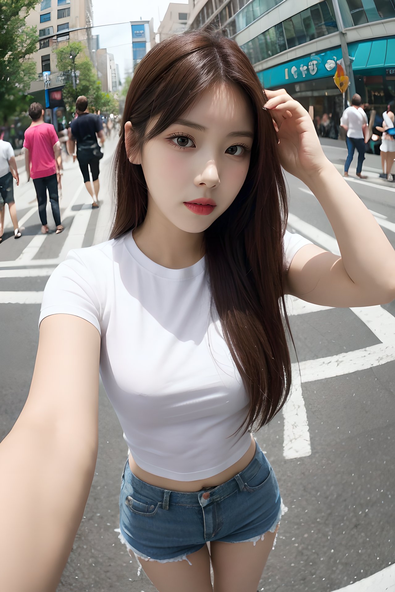 (fisheye view), 1girl, solo, white t-shirt, (pov:1.35), mature body, long hair, walking, public street,