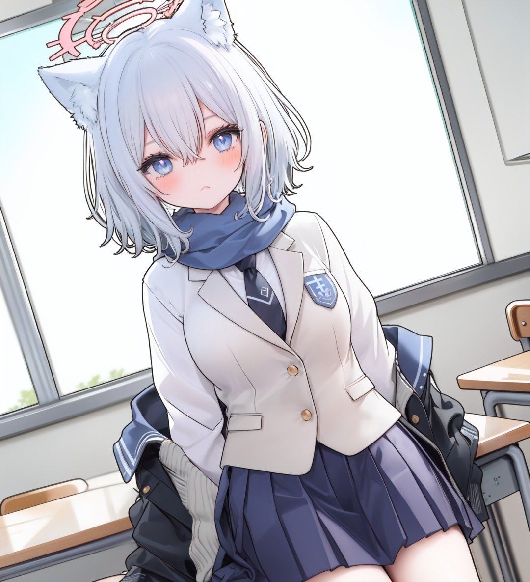  1girl, shiroko (blue archive), animal ears, halo, solo, scarf, blue eyes, animal ear fluff, mismatched pupils, cross hair ornament, jacket, hair ornament, indoors, blue scarf, long sleeves, grey hair, looking at viewer, bangs, school uniform, desk, blush, blue jacket, skirt, hair between eyes, wolf ears, medium hair, classroom, blurry, blazer, blurry foreground, depth of field, dutch angle, white shirt, black jacket, pleated skirt, blue necktie