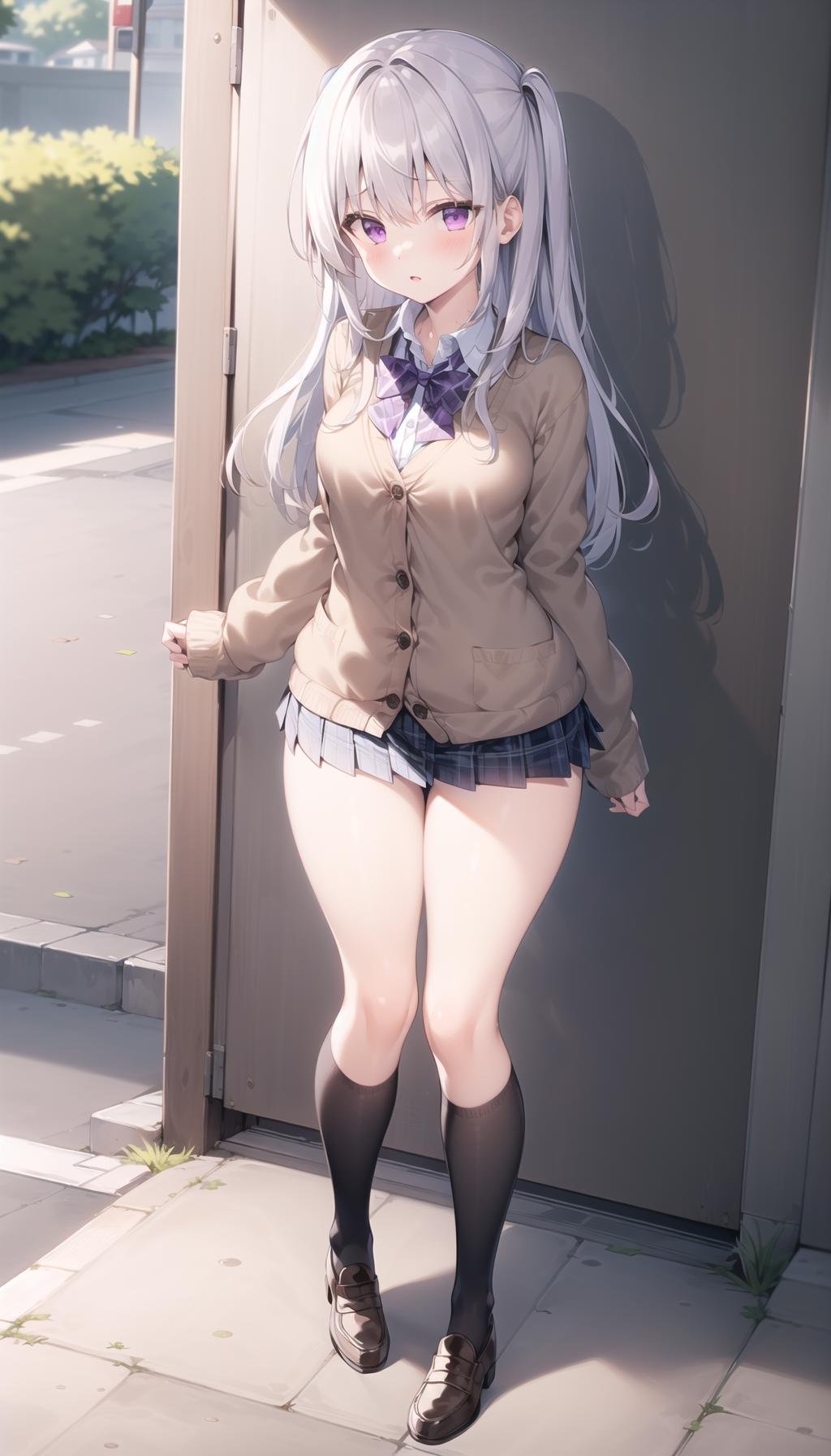 best quality,masterpiece,(breasts),1girl,loose bowtie,(brown cardigan),blue skirt,(plaid skirt),(((micro miniskirt))), micro miniskirt, sunlight, long hair,white hair,black kneehighs,outdoors  ,full body,loafers <lora:micro_miniskirt:0.7>purple eyes,