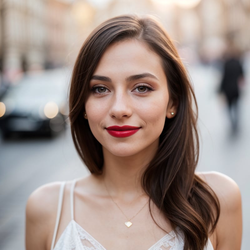 skinny 1girl,30 years old,portrait,skinny,front view,lipstick,makeup,small_breasts,smile,highres,absurdres,wallpaper,city,depth of field,motion_blur,bokeh,raw photo,16k uhd,dslr,best quality,professional photography,cinema,ultra realistic,outdoor,film camera,DSLR,Lens Flare,Super-Resolution,(16k) uhd,realistic,8k uhd,ultra realistic,ultra quality,film grain,best quality,realistic skin texture,detail,pore,Hyperpigmentation,hair details,prague street  background,instagram photo,upper body photo,