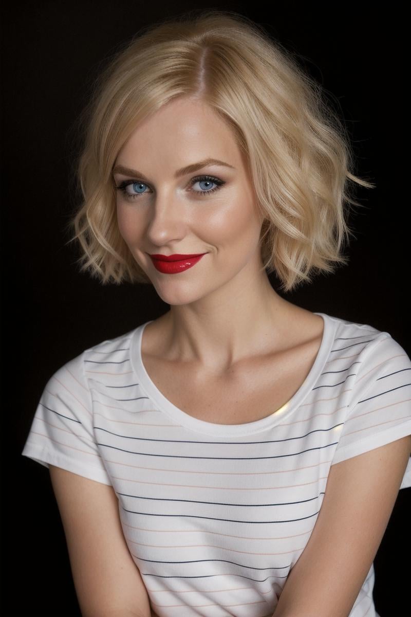 a woman with blonde hair and a striped shirt is smiling at the camera with her arms crossed and her hand on her chest,Carey Morris,promotional image,a character portrait,precisionism,realistic skin details,realistic hair details,makeup,eyeliner,lipstick,(freckles:0.3),red lips:1,eyeliner:0.9,