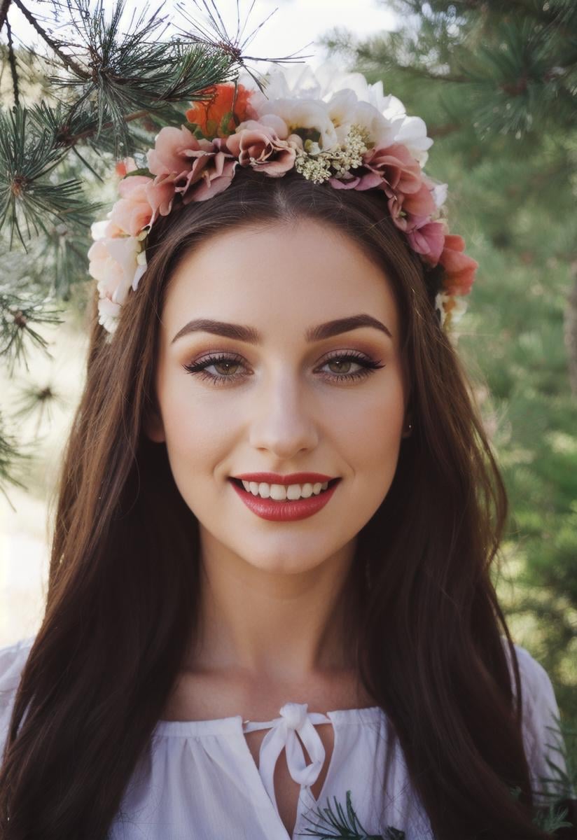 a woman with long hair wearing a flower crown on her head a pine tree in the background,realistic skin details,realistic hair details,makeup,eyeliner,lipstick,(freckles:0.3),red lips:1,eyeliner:0.9,