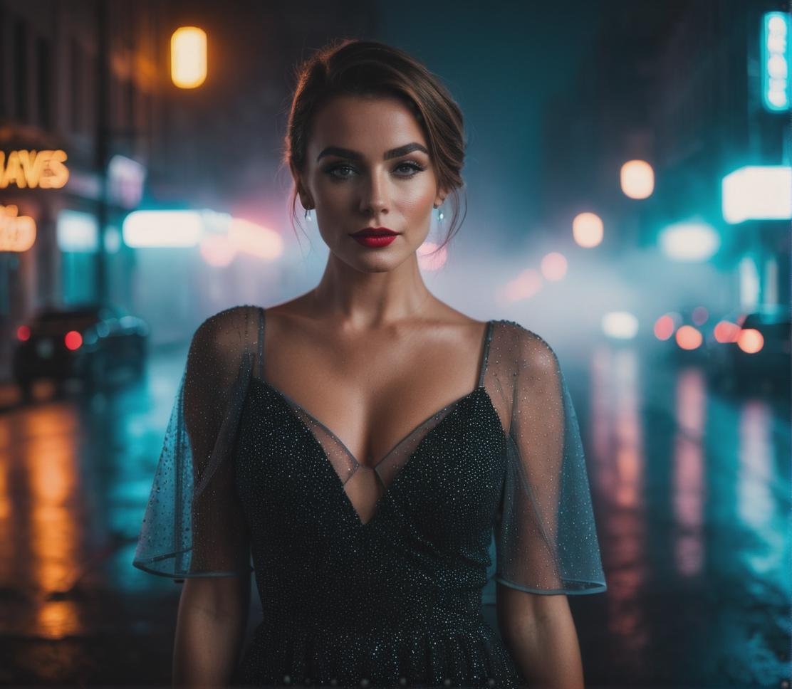 photo, cinematic lighting, movie still, city street, neon, fog, portrait photo of a woman, age 28, instagram model, elegant dress, dark theme, night, soothing tones, (freckles:0.2), bokeh,