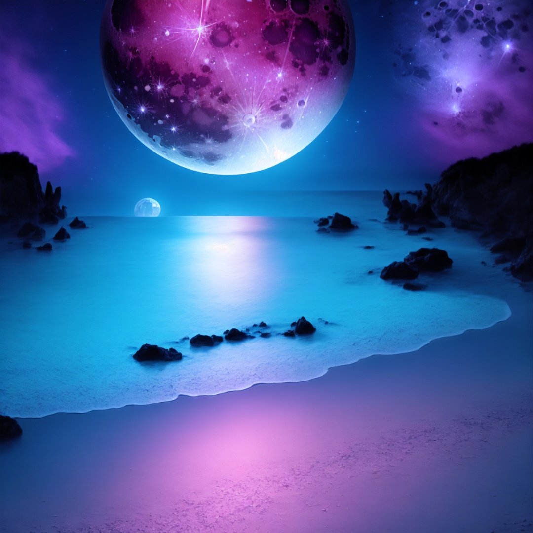  Best quality, 8k, cg,noctilucent,beach,galaxy,moon,Large Reef,moon