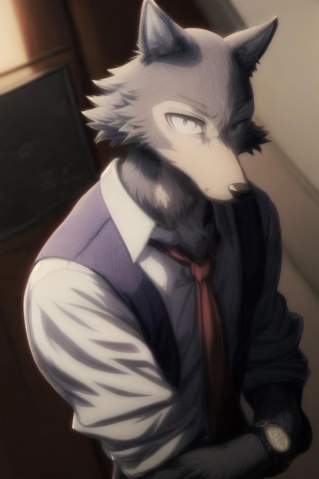 ((masterpiece)),((bestquality)),8k,high detailed,ultra-detailed, depth of field, wide angle,1boy, legoshi, <lora:Legoshi_Lora:1.1>,((gray_wolf_boy)),male focus, solo, handsome face,Stylish Pose, soft lighting,watch to the viewer, school uniform, yiff, ((cinematic shot)) <lora:add_detail:1>, <lora:weight_slider_v2:-0.5>