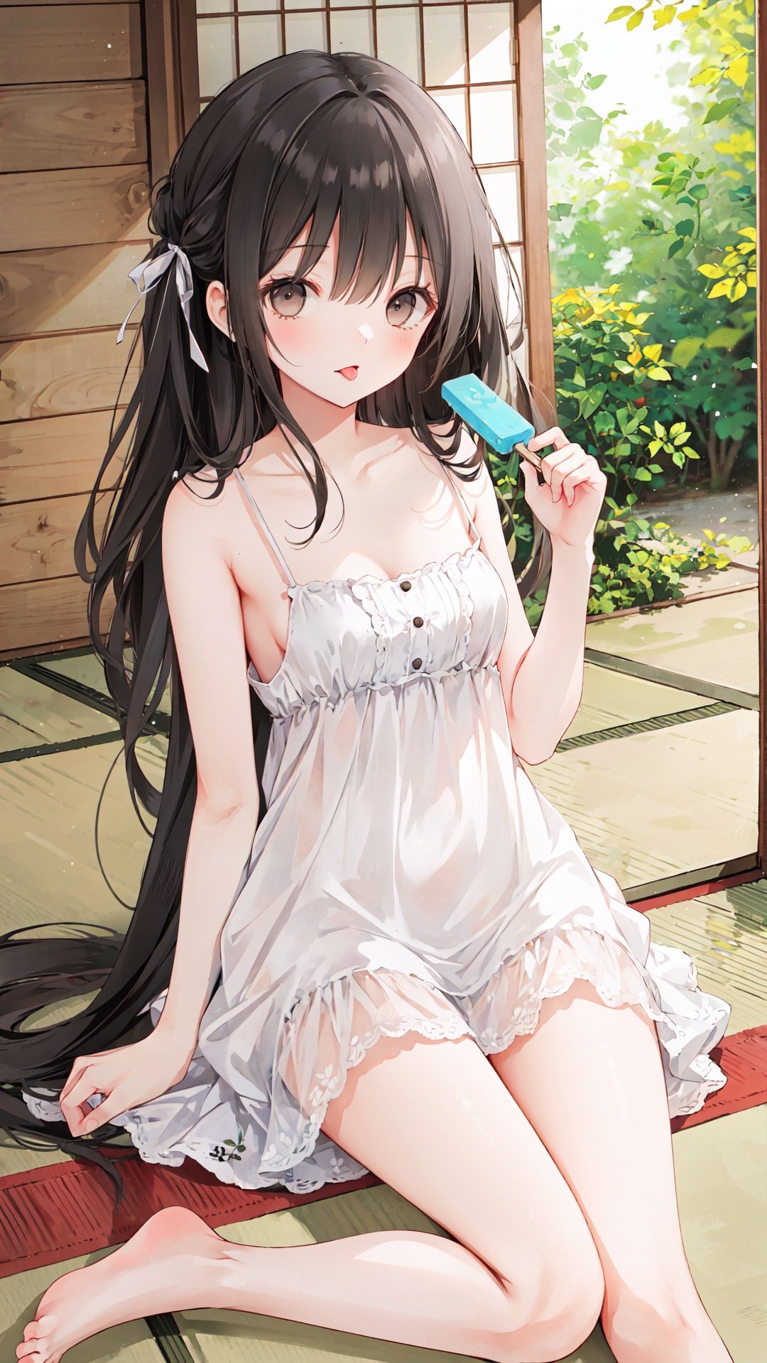 1girl, food, long hair, solo, stuffed toy, dress, stuffed animal, white dress, popsicle, sitting, holding, looking at viewer, ribbon, sleeveless dress, bangs, sleeveless, blurry foreground, black ribbon, collarbone, hair ribbon, wind chime, strap slip, stuffed bunny, sliding doors, bare shoulders, bare legs, bare arms, small breasts, sundress, very long hair, blurry, hair between eyes, breasts, shouji, holding food, tongue, barefoot, tongue out, tatami, summer, brown eyes, thighs, black eyes