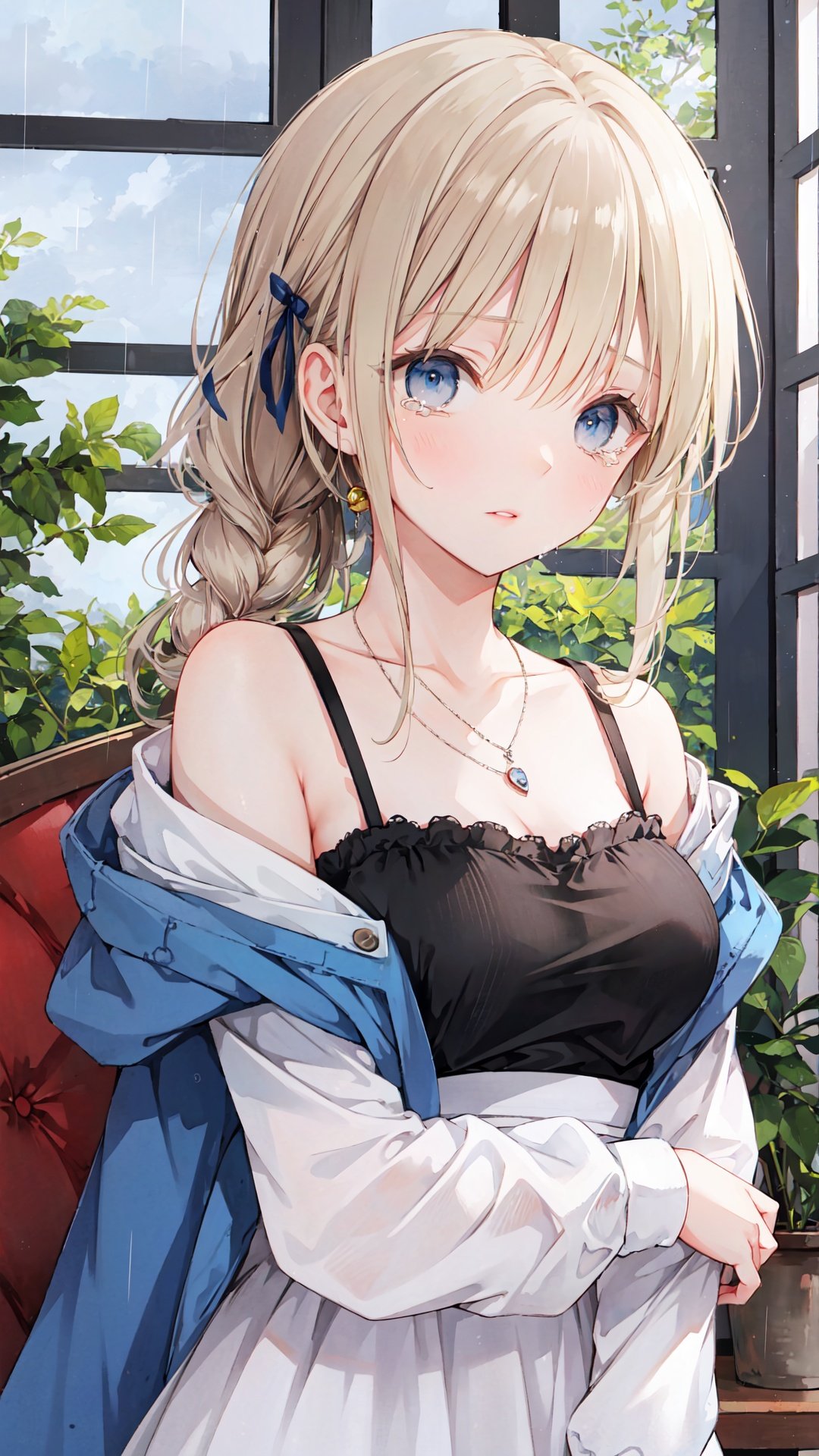 violet evergarden, 1girl, blonde hair, jewelry, blue eyes, red ribbon, hair between eyes, ribbon, hair ribbon, long hair, braid, window, blue jacket, dress, collarbone, looking at viewer, bangs, upper body, solo, tears, bare shoulders, parted lips, jacket, breasts, off shoulder, brooch, necklace, prosthetic arm, white dress, mechanical arms, crying, mechanical hands, rain, prosthesis, indoors, lips