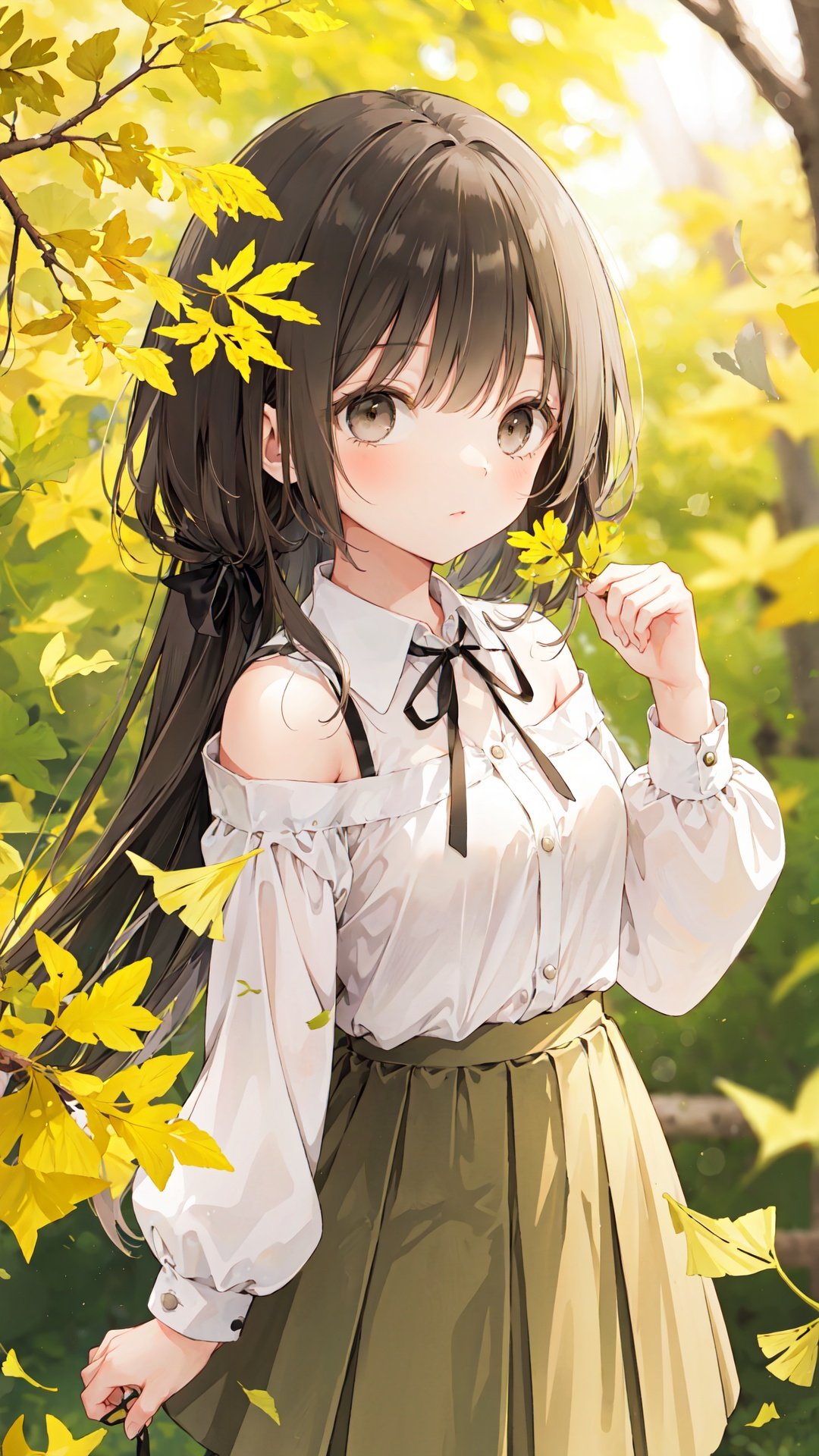 1girl, solo, holding leaf, long hair, ginkgo leaf, brown eyes, skirt, looking at viewer, holding, ribbon, hair ribbon, long sleeves, shirt, blurry, leaf, blurry background, bangs, off shoulder, brown skirt, black ribbon, brown hair, blush, depth of field, white shirt, hand up, autumn leaves, black shirt