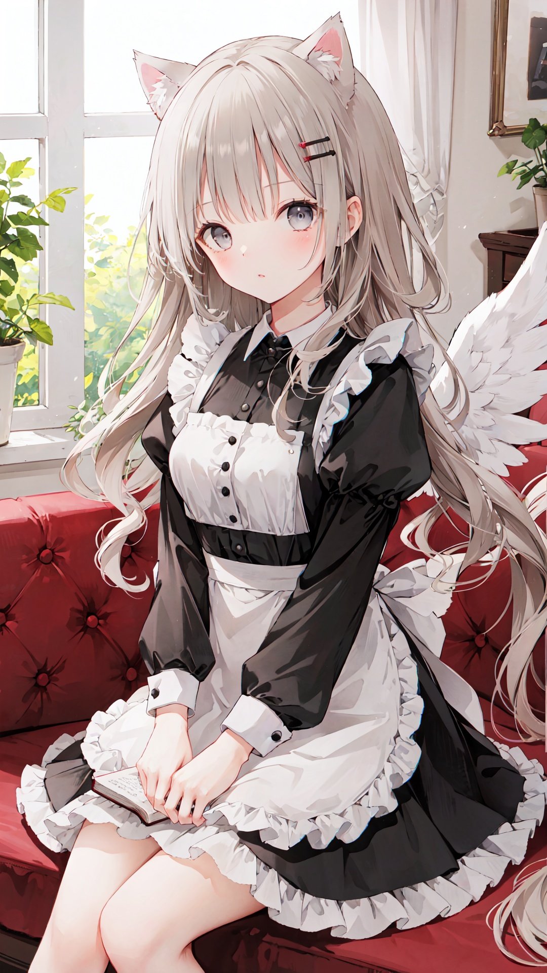 multiple girls,2girls,apron,feathered wings,wings,maid,indoors,long hair,juliet sleeves,brown eyes,dress,white wings,maid headdress,animal ears,puffy sleeves,long sleeves,white apron,black dress,sitting,hair ornament,bangs,maid apron,hairclip,window,angel wings,sunlight,head tilt,frilled apron,ribbon,grey eyes,looking at viewer,book,closed mouth,grey hair,frills,black nails,breasts,brown hair,very long hair,holding,blush,cat ears,parted lips,