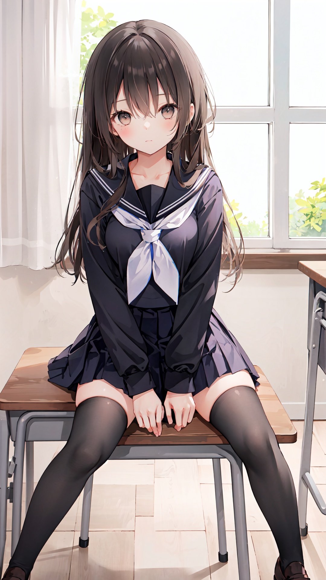 1girl, solo, thighhighs, long hair, school uniform, brown eyes, skirt, sitting, aisaka taiga, serafuku, looking at viewer, black thighhighs, black footwear, brown hair, black serafuku, desk, black skirt, neckerchief, shoes, sailor collar, school desk, shirt, long sleeves, bangs, white neckerchief, closed mouth, black shirt, pleated skirt, zettai ryouiki, hair between eyes, black sailor collar, blush, on desk, between legs, loafers, school chair, sitting on desk, hand between legs