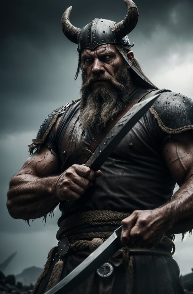 A close-up shot of a fierce Viking King, covered in dripping wet black mud, wearing a dark metal helmet with imposing black horns. His dark warpaint and scruffy black beard emphasize his angry expression, while a scar on his face tells a story of battles fought. The scene is bathed in cinematic lighting with dramatic volumetric rays, creating a moody and intense atmosphere. The Viking King grips his menacing Viking Axe