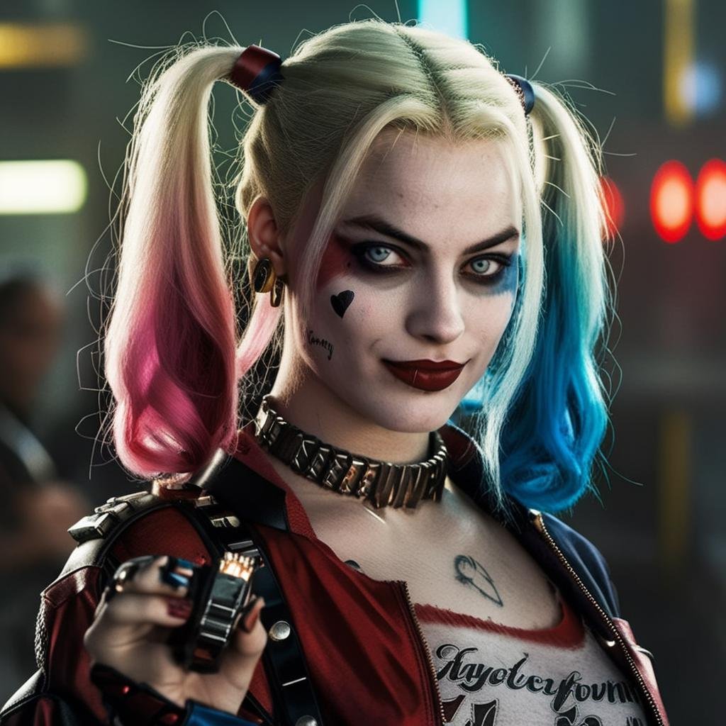 HarleyQuinn1024, cyberpunk background, detailed eyes, photography, highly detailed, sharp focus, trending on artstation, studio photo, intricate details, highly detailed, by greg rutkowski  <lora:HarleyQuinn1024:0.8>