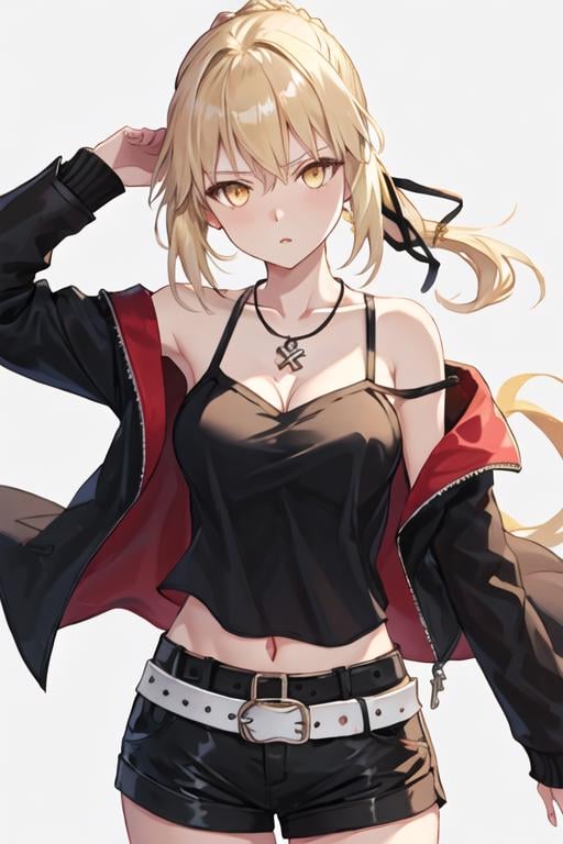 best quality, masterpiece, highres, solo, {altria_pendragon_alter_fgo:1.15}, blonde_hair, yellow_eyes, bangs, breasts, ribbon, braid, sidelocks, medium_breasts, hair_ribbon, hair_between_eyes, 1girl, bare_shoulders, belt, black_jacket, jacket, jewelry, long_hair, looking_at_viewer, necklace, off_shoulder, official_alternate_costume, ponytail, shorts, white_belt, black_ribbon, cleavage, collarbone, shirt, black_shirt, black_shorts, camisole, open_clothes, simple_background, white_background, short_shorts