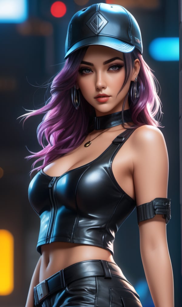 (masterpiece, top quality, best quality, official art, beautiful and aesthetic:1.2), (1woman), extreme detailed,Beautiful woman medium hair, wearing cap, cyberpunk style short clothes