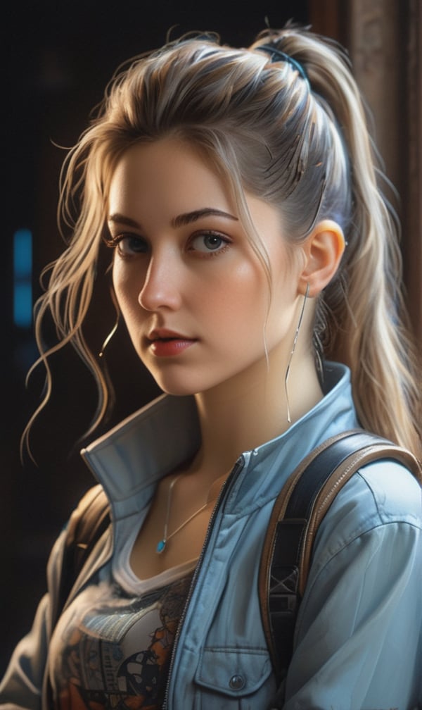 Art by Beatrix Potter, a portrait of pretty cyberpunk girl, luminescence, ultrearalistic, hyperdetailed, soft lighting