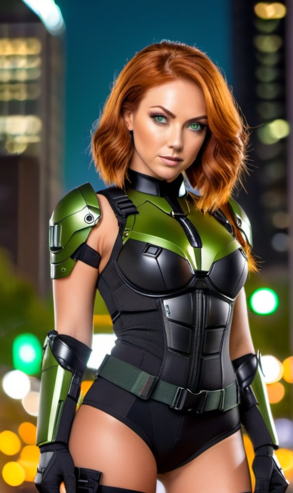 1woman, upper body, pov, ((redhead hair, short hair)) ((big breast)), ((green eyes)), ((city by night background)), (((black hero combat suit with combat harness)) 