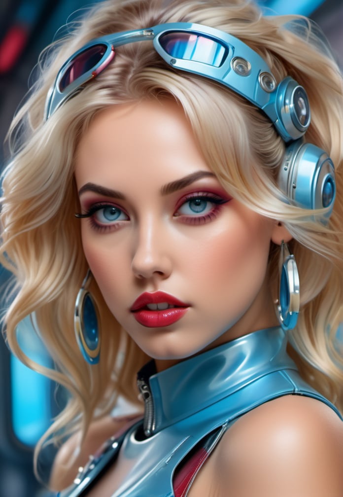 close up, Crazy beautiful blonde in the style of futuristic realism, steelpunk, hip-hop, speedpainting, ruby red and pastell blue, princesscore,  (masterpiece,best quality:1.5)