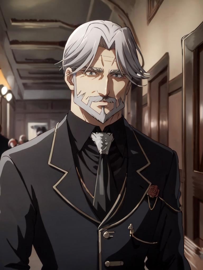 sebas <lora:sebas:0.7> 1boy 50yo old man, hair_slicked silverglay hair glaybeard glay mustache glay facial hair curtained hair, glay eyes, stocky muscular, tall person close mouth smile  black tailcoat black collared shirt glay necktie white glove Aristocratic mansion red carpet, corridors Statue Vase of roses 