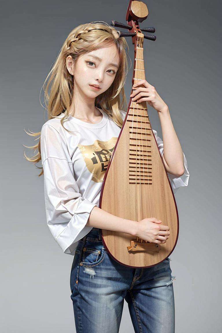 1girl, ((playing_pipa, holding pipa, golden hair)), golden hair, jeans, T-shirt, masterpiece, best quality, 8k