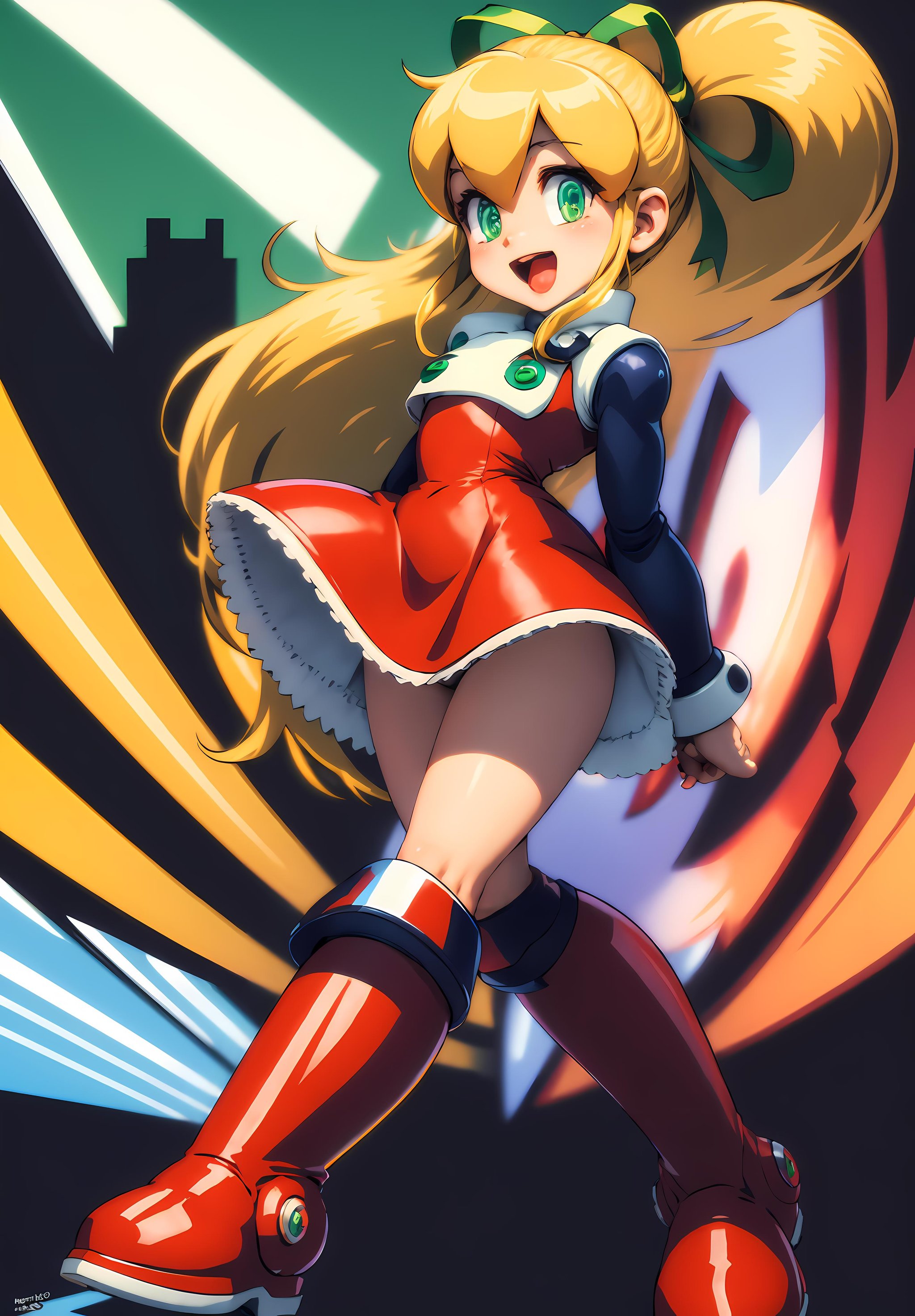 masterpiece, high quality,  <lora:megaman_roll_dblora_01-000009:0.9>, megamanroll, 1girl, solo, green eyes, blonde hair, ponytail, ribbon, open mouth, boots, dress, smile, long hair, knee boots, red dress, hair ribbon, red footwear, long sleeves, red skirt, :d, green ribbon, looking at viewer, sidelocks, skirt, boots, futuristic city, robot behind, <lyco:GoodHands-beta2:1.0>