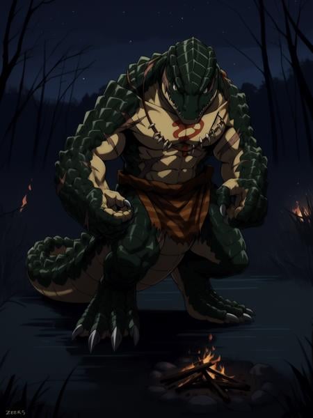 zenberu gugu, solo, scalie, anthro, scales, reptile, male, claws, simple background, clothing, overlord (series), green scales, campfire, (night), swamp, hi res, clothed, muscular, scar, muscular male, topless male, chest markings, detailed background, outside, fist,<lora:nj5furry-v1:0.8>, nj5furry, <lora:zenberu_gugu:1>