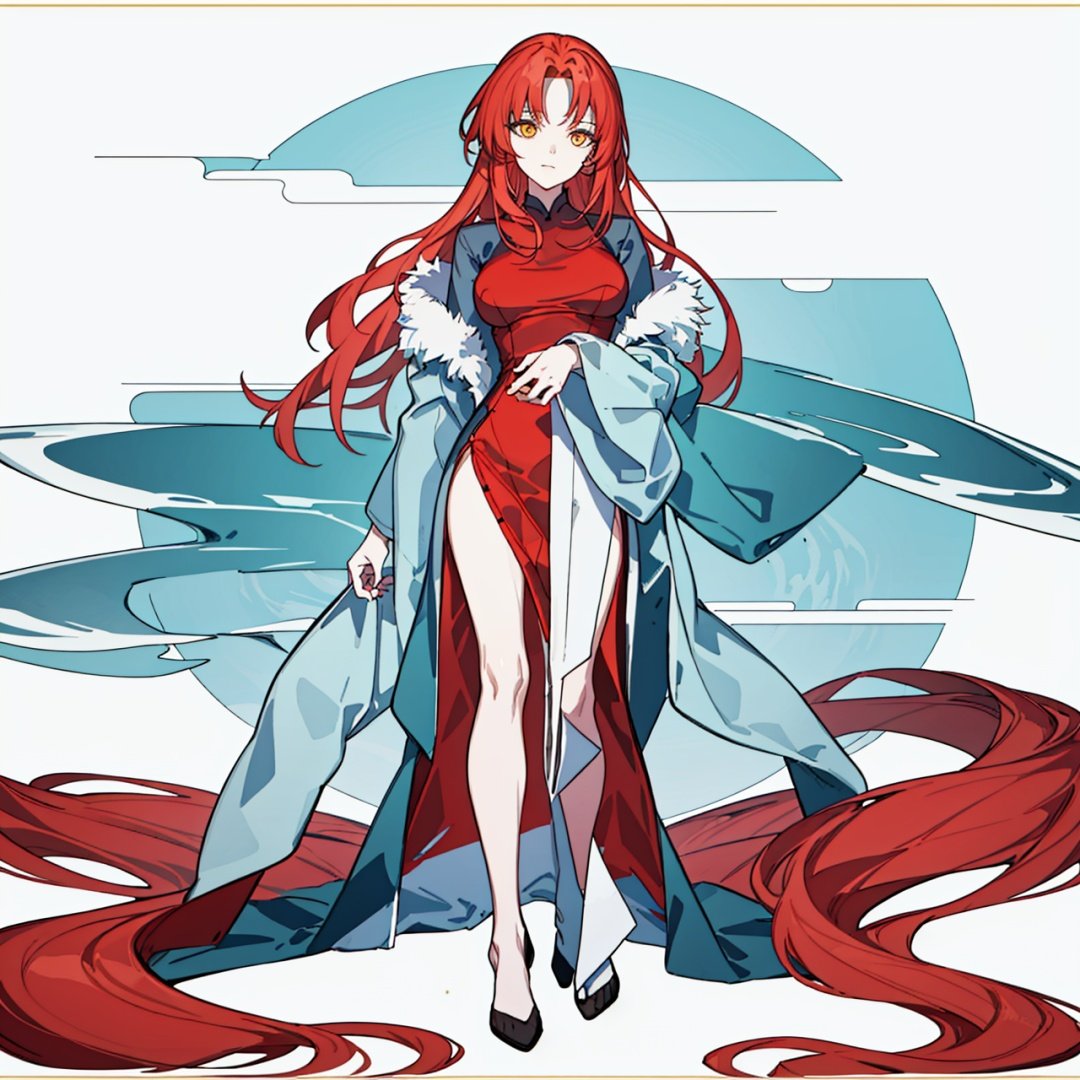 (masterpiece:1.3),(the best quality:1.2),(super fine illustrations:1.2),(Masterpiece),high quality,high detail,(white background:1.2),looking at viewer,(SOLO:1.4),outline,simplebackground,, red hair,very long hair,fire,thighhighs,jewelry,wide sleeves,red eyes,long sleeves,fiery hair,flame,yellow eyes,breasts,chinese clothes,china dress,black dress,parted bangs,messy hair,long hair,