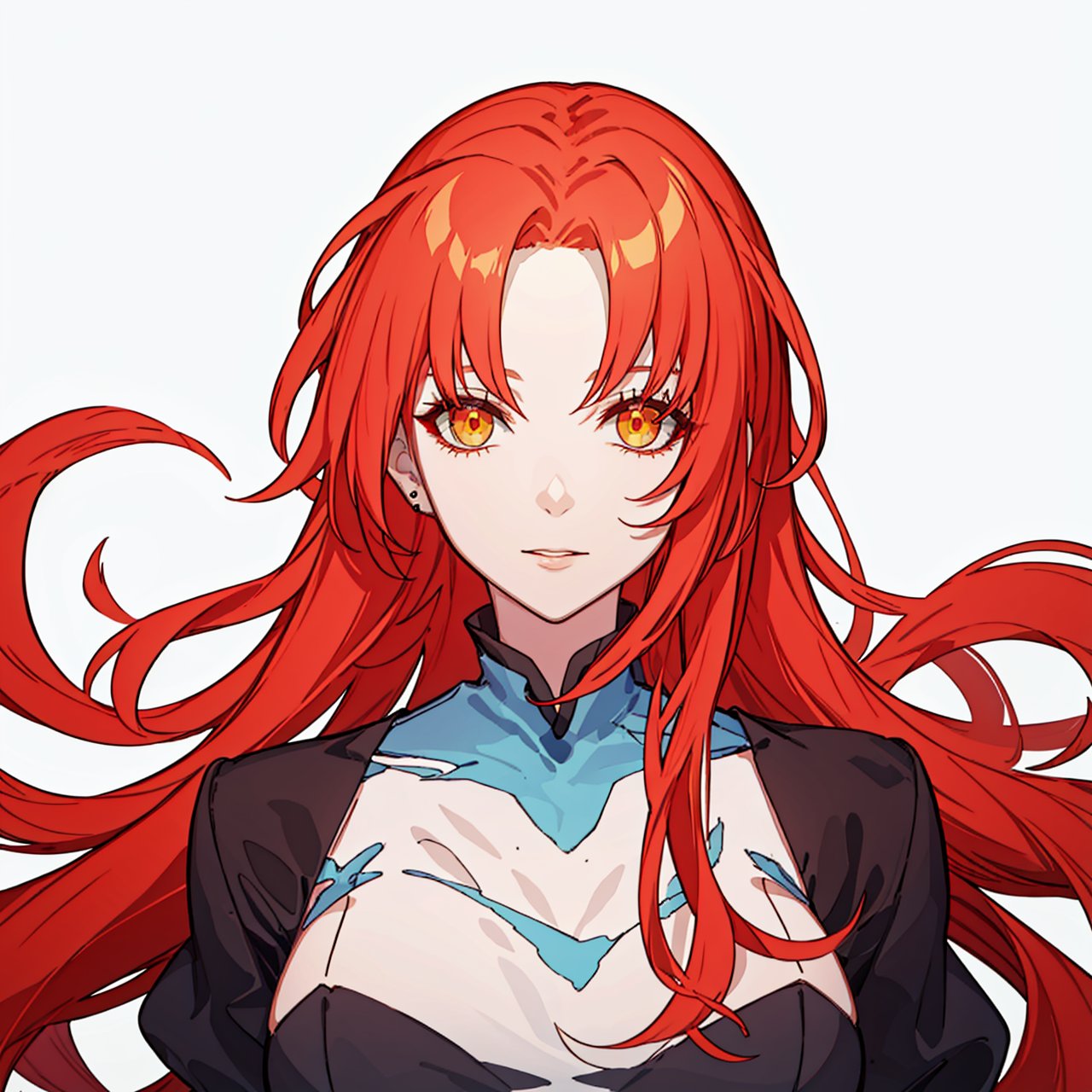  (masterpiece:1.3),(the best quality:1.2),(super fine illustrations:1.2),(Masterpiece),high quality,high detail,(white background:1.2),looking at viewer,(SOLO:1.4),outline,simplebackground,, red hair,very long hair,fire,thighhighs,jewelry,wide sleeves,red eyes,long sleeves,fiery hair,flame,yellow eyes,breasts,chinese clothes,china dress,black dress,parted bangs,messy hair,long hair,