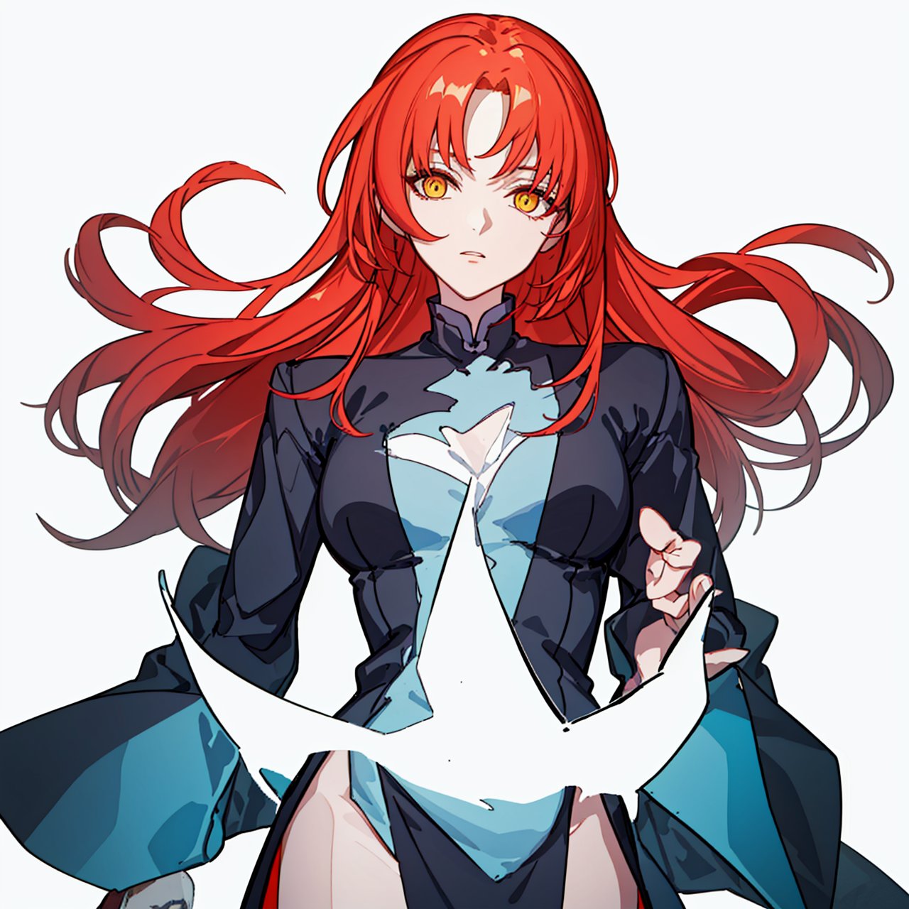  (masterpiece:1.3),(the best quality:1.2),(super fine illustrations:1.2),(Masterpiece),high quality,high detail,(white background:1.2),looking at viewer,(SOLO:1.4),outline,simplebackground,, red hair,very long hair,fire,thighhighs,jewelry,wide sleeves,red eyes,long sleeves,fiery hair,flame,yellow eyes,breasts,chinese clothes,china dress,black dress,parted bangs,messy hair,long hair,