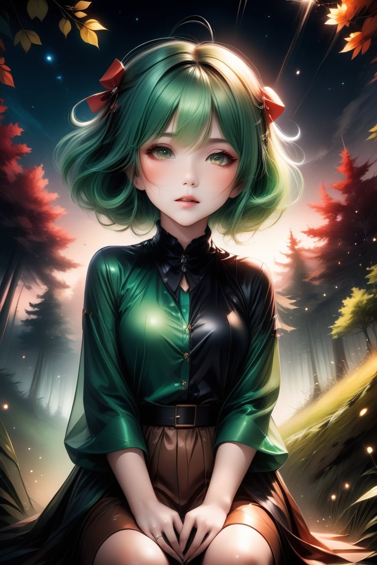  wide-angle lens,a girl with green hair and a brown outfit sitting in the woods with her hands on her hips and her legs crossed,full_body,flowers and small animals around her,