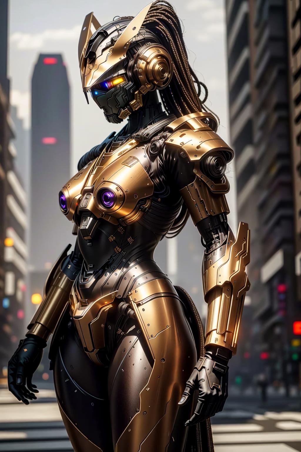 <lora:zzmckzz_v1:1>masterpiece, highly detailed photorealistic 8k raw photo, volumetric lighting and shadows, best quality 1girl in dark brown metallic mecha, glowing texture, (Balancing with arms outstretched:1.2)clear and defined cyberpunk city background