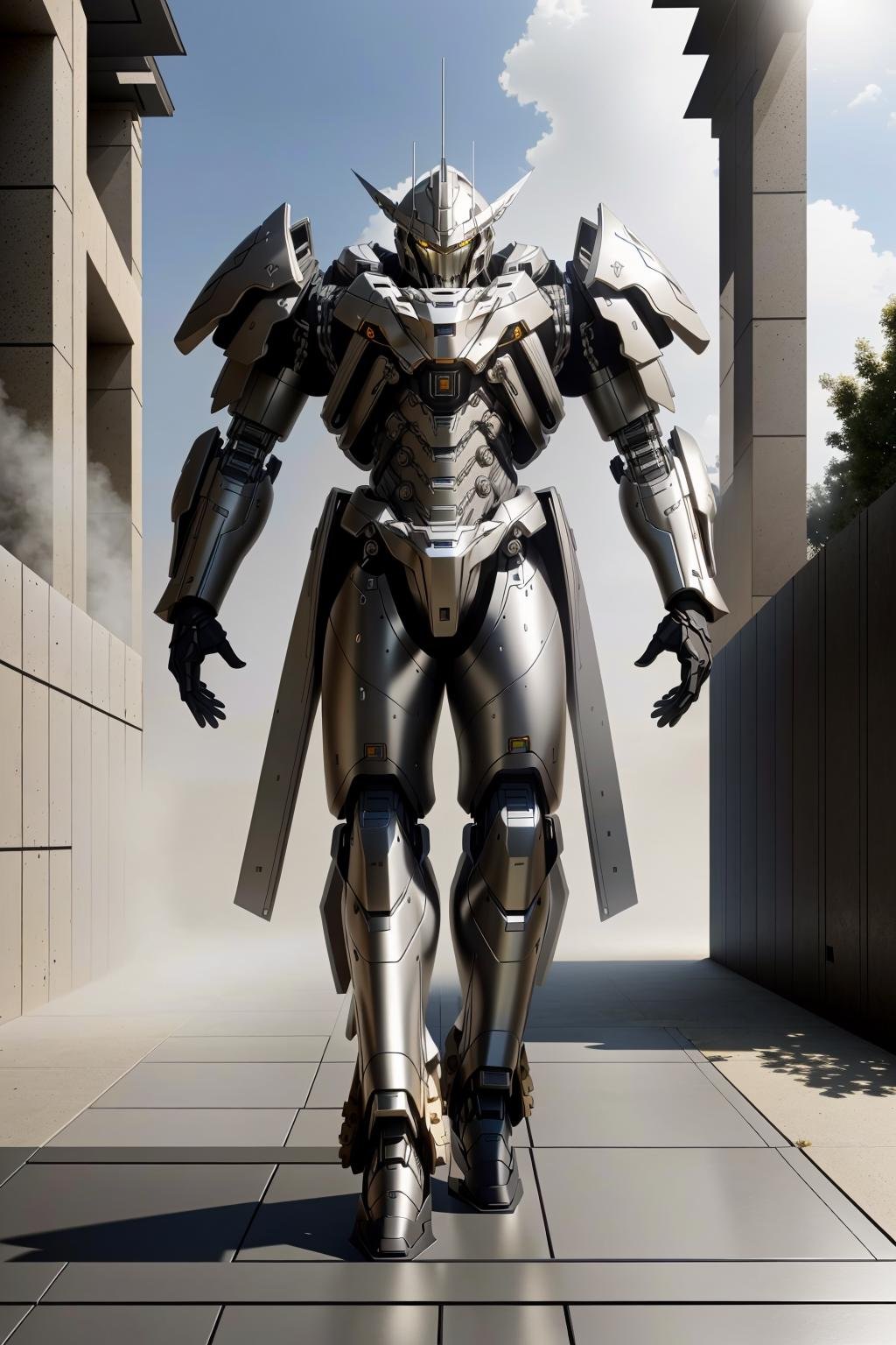 <lora:zzmckzz_v1:1>masterpiece, highly detailed photorealistic 8k raw photo, volumetric lighting and shadows, best quality grey metallic mecha, glowing texture, (Walking with a spring in the step, as if in a sunny day:1.2)clear and defined jewish temple background