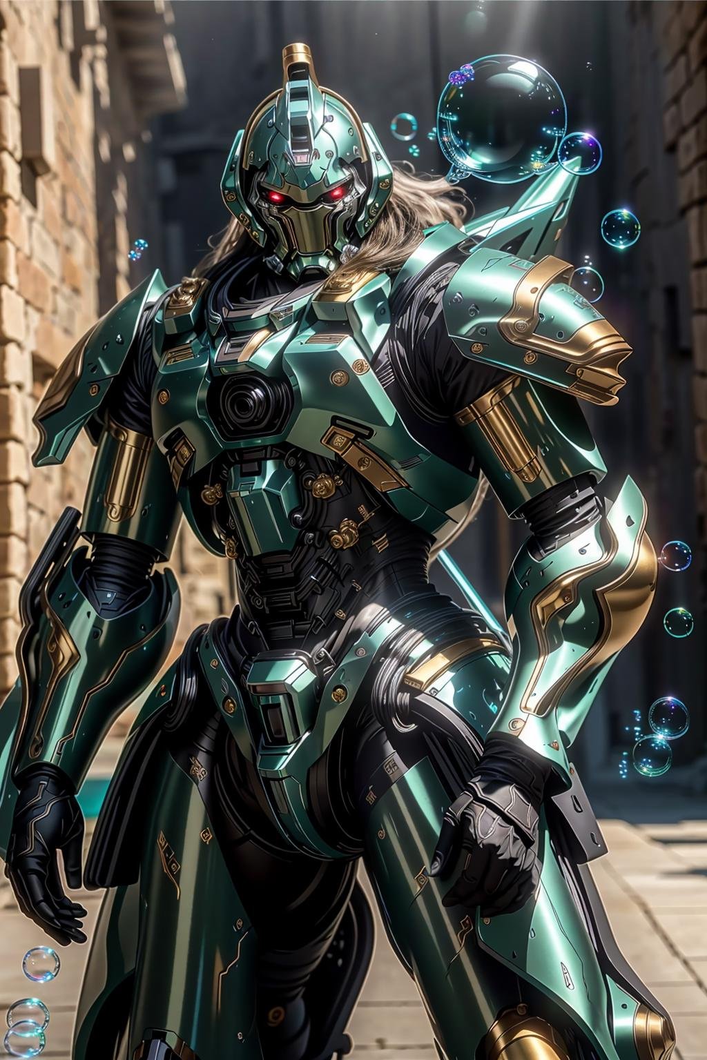 <lora:zzmckzz_v1:1>masterpiece, highly detailed photorealistic 8k raw photo, volumetric lighting and shadows, best quality teal metallic mecha, glowing texture, (Posing as if blowing bubbles:1.2)clear and defined dungeon background