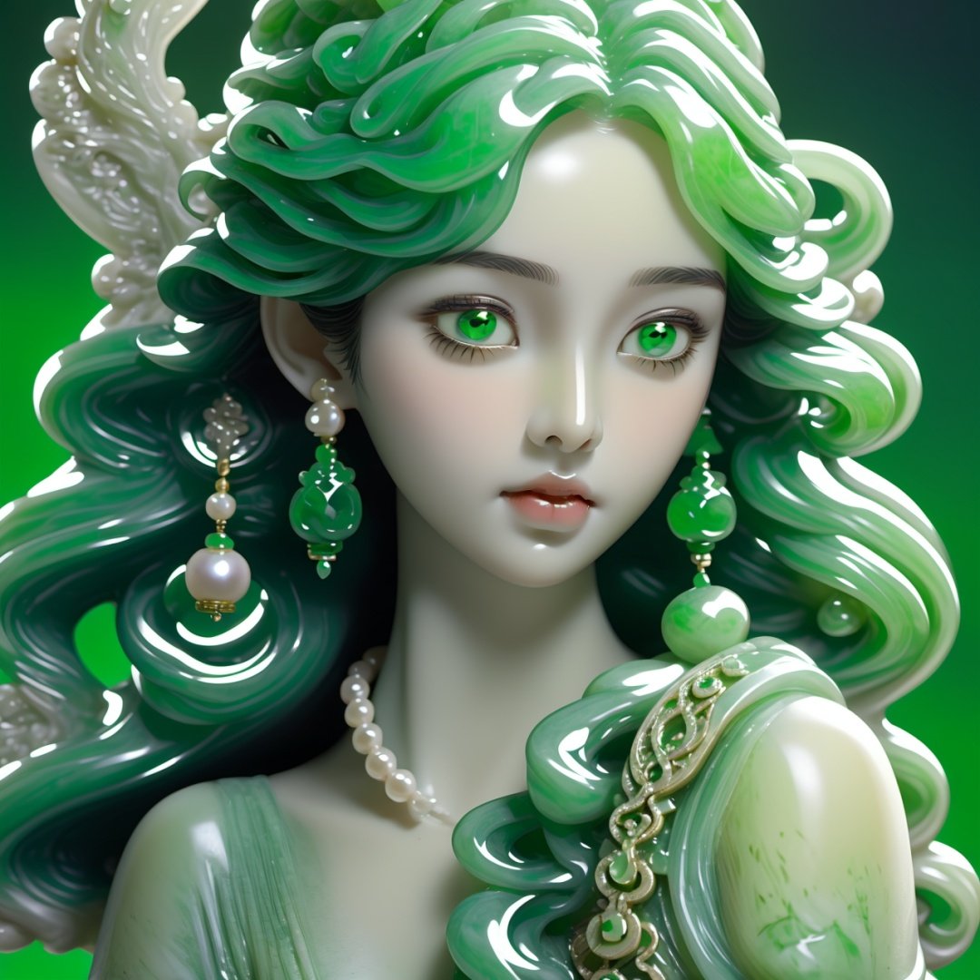  Best quality, 8k, cg,particulars,jade,1girl,pearls and jewels,Green clothes,Jade statue,Light background