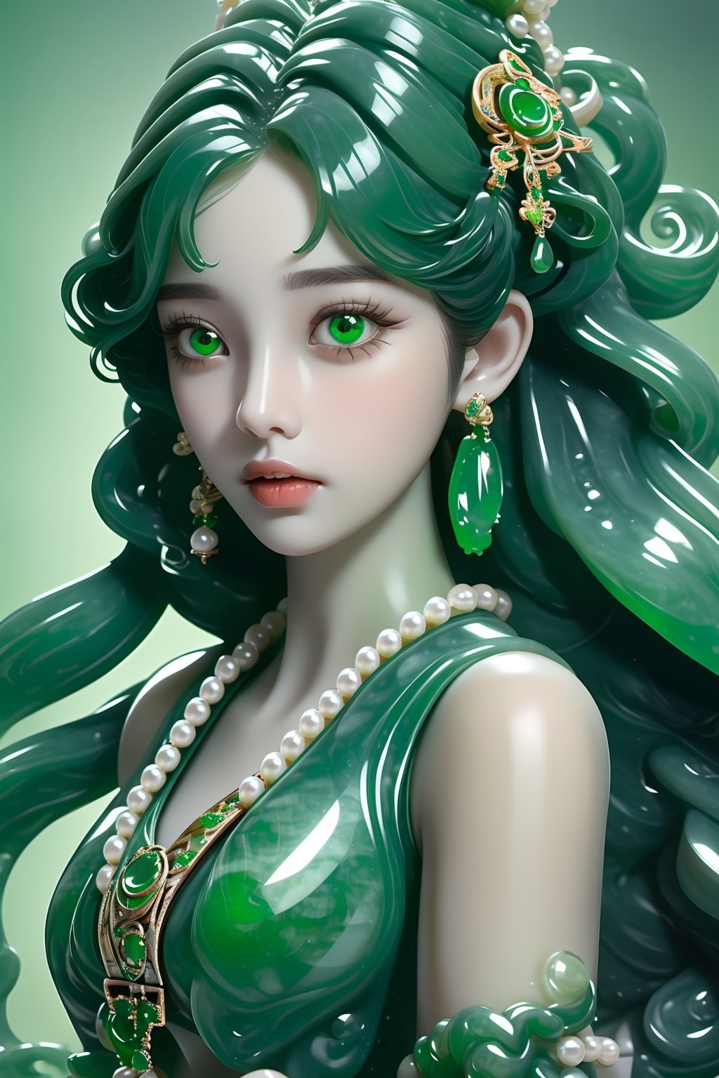  Best quality, 8k, cg,jade,1girl,Green hair,pearls and jewels,Green clothes