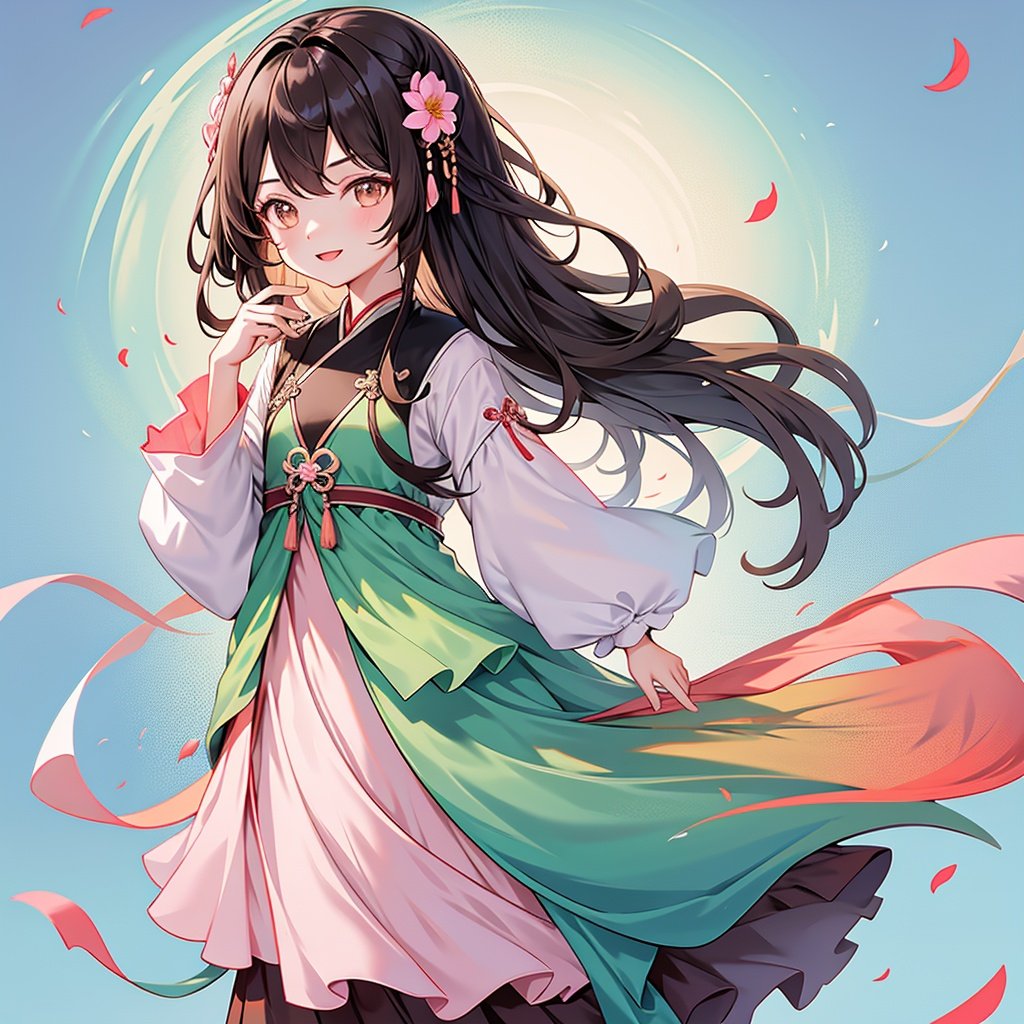 1girl, solo, long hair, hair ornament, brown eyes, long sleeves, flower, full body, white background, wide sleeves, hanfu, green dress, hair flower, brown hair, forehead mark, dress, petals, chinese clothes, simple background, looking at viewer, blush, parted bangs, pink flower, hand up, smile, facial mark,dm 