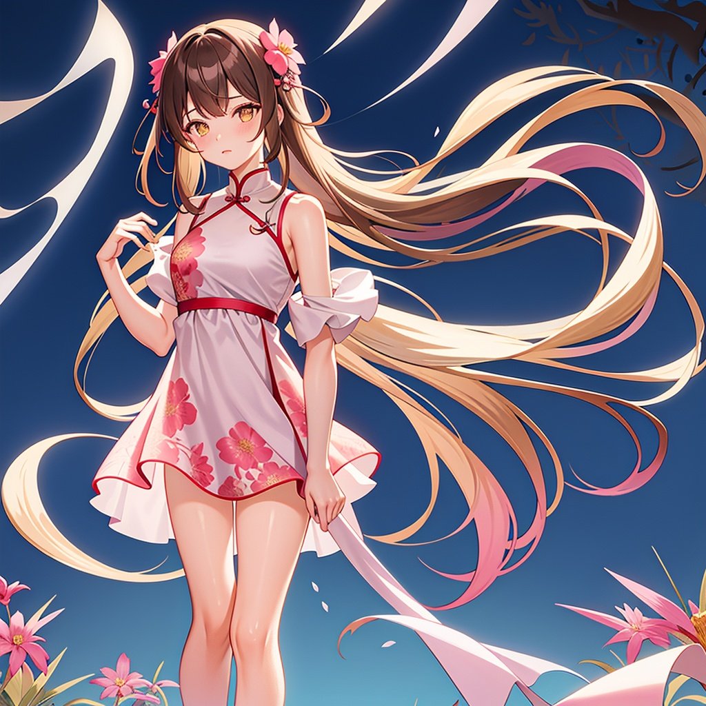 dm, 1girl, long hair, solo, brown hair, barefoot, yellow eyes, dress, full body, white background, breasts, hair ornament, simple background, looking at viewer, floral print, flower, bare legs, pink dress, hair flower, standing, blush, chinese clothes, china dress, virtual youtuber, bangs, bare shoulders, collarbone, very long hair, closed mouth, bare arms