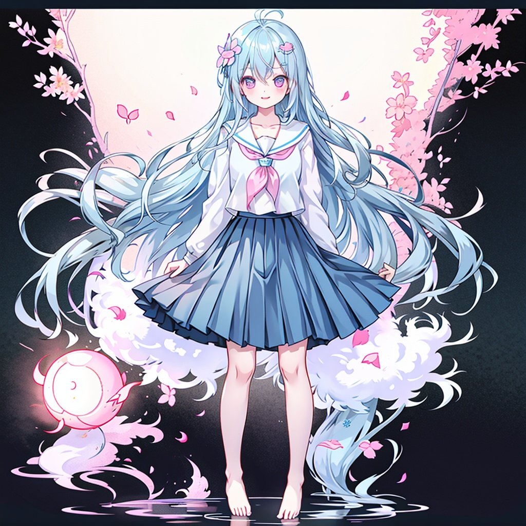 dm, 1girl, solo, long hair, skirt, blue hair, barefoot, blue shirt, white background, very long hair, purple eyes, full body, tongue, smile, tongue out, hair ornament, blue skirt, pleated skirt, simple background, blush, hair between eyes, hair flower, shirt, looking at viewer, ahoge, school uniform, flower, bangs, serafuku, neckerchief, sailor collar, standing, blue serafuku, pink eyes, bare legs, collarbone