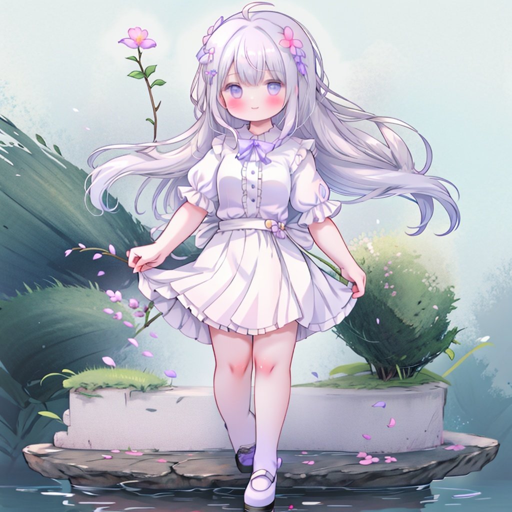 dm, 1girl, solo, skirt, shirt, purple eyes, black skirt, bangs, white shirt, shoes, long hair, hair ornament, hair between eyes, pleated skirt, hair flower, very long hair, bow, flower, white background, standing, short sleeves, blush, black footwear, closed mouth, petals, full body, standing on one leg, collared shirt, puffy sleeves, smile, ahoge, frills, purple flower, looking at viewer, puffy short sleeves, brown footwear, white hair, purple bow, simple background, one side updm 