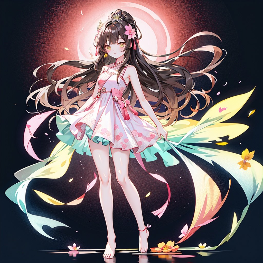 dm, 1girl, long hair, solo, brown hair, barefoot, yellow eyes, dress, full body, white background, breasts, hair ornament, simple background, looking at viewer, floral print, flower, bare legs, pink dress, hair flower, standing, blush, chinese clothes, china dress, virtual youtuber, bangs, bare shoulders, collarbone, very long hair, closed mouth, bare arms