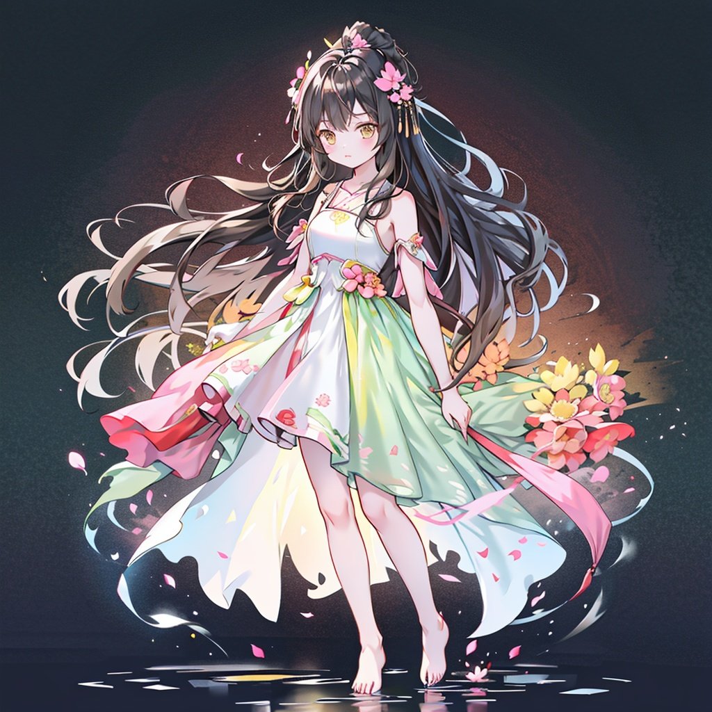 dm, 1girl, long hair, solo, brown hair, barefoot, yellow eyes, dress, full body, white background, breasts, hair ornament, simple background, looking at viewer, floral print, flower, bare legs, pink dress, hair flower, standing, blush, chinese clothes, china dress, virtual youtuber, bangs, bare shoulders, collarbone, very long hair, closed mouth, bare arms