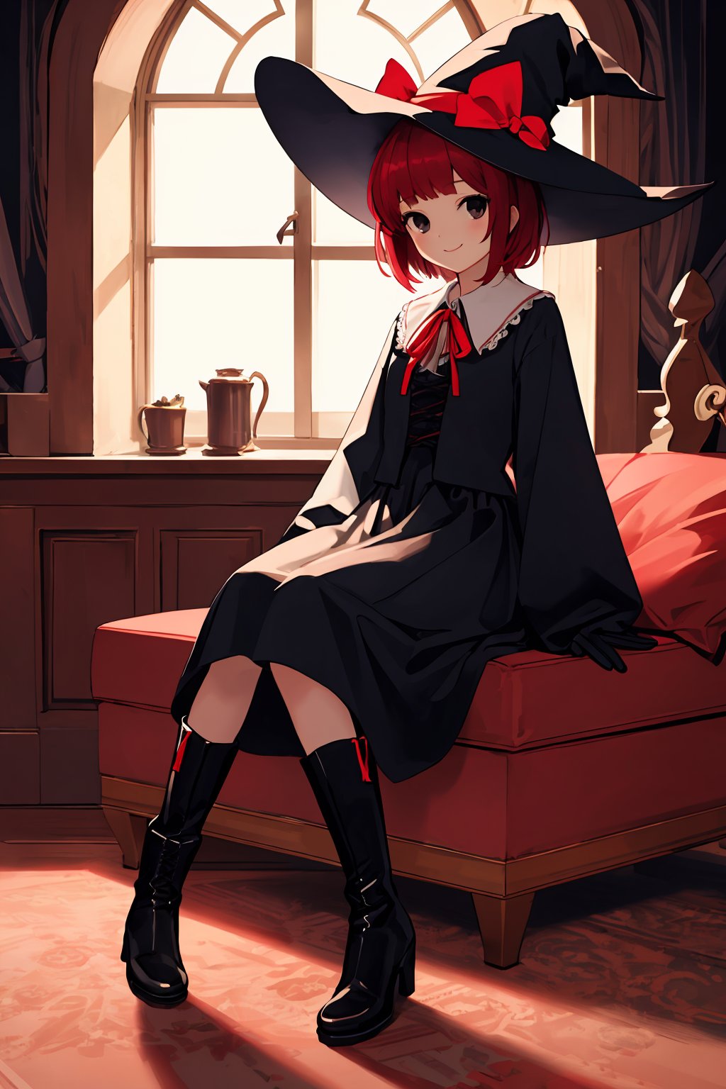 (best quality:1.2), (hyper detailed), 

ultra highres, masterpiece, best quality,,witch hat, solo, 1girl, looking at viewer, black eyes, ribbon, full body, sitting, long sleeves, sleeves past wrists, red ribbon, witch, shoes, short hair, medium hair, boots,smile,,castle,indoors, night, window,