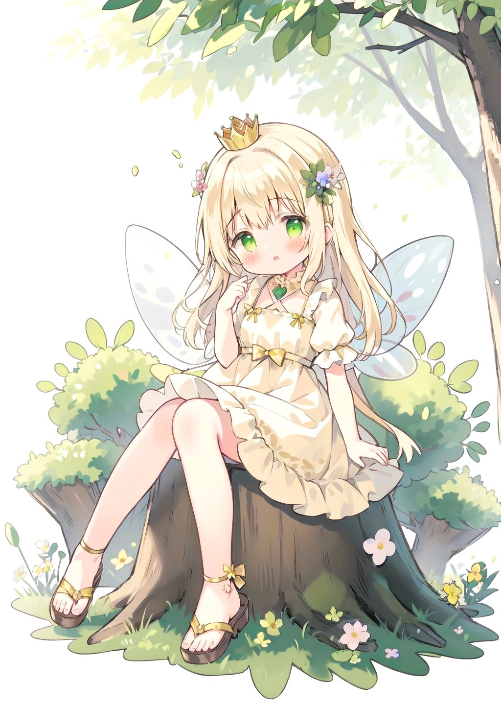 1girl fairy sitting on stump in the forest, (four transparent fairy wings), the girl wearing short puff sleeves, light yellow dress simple frill dress, sandal, small crown on angle head, colorful flowers,  sunlight through from trees, (long beige hair), green eyes, azu, <lora:azu_s407-000006:0.5>