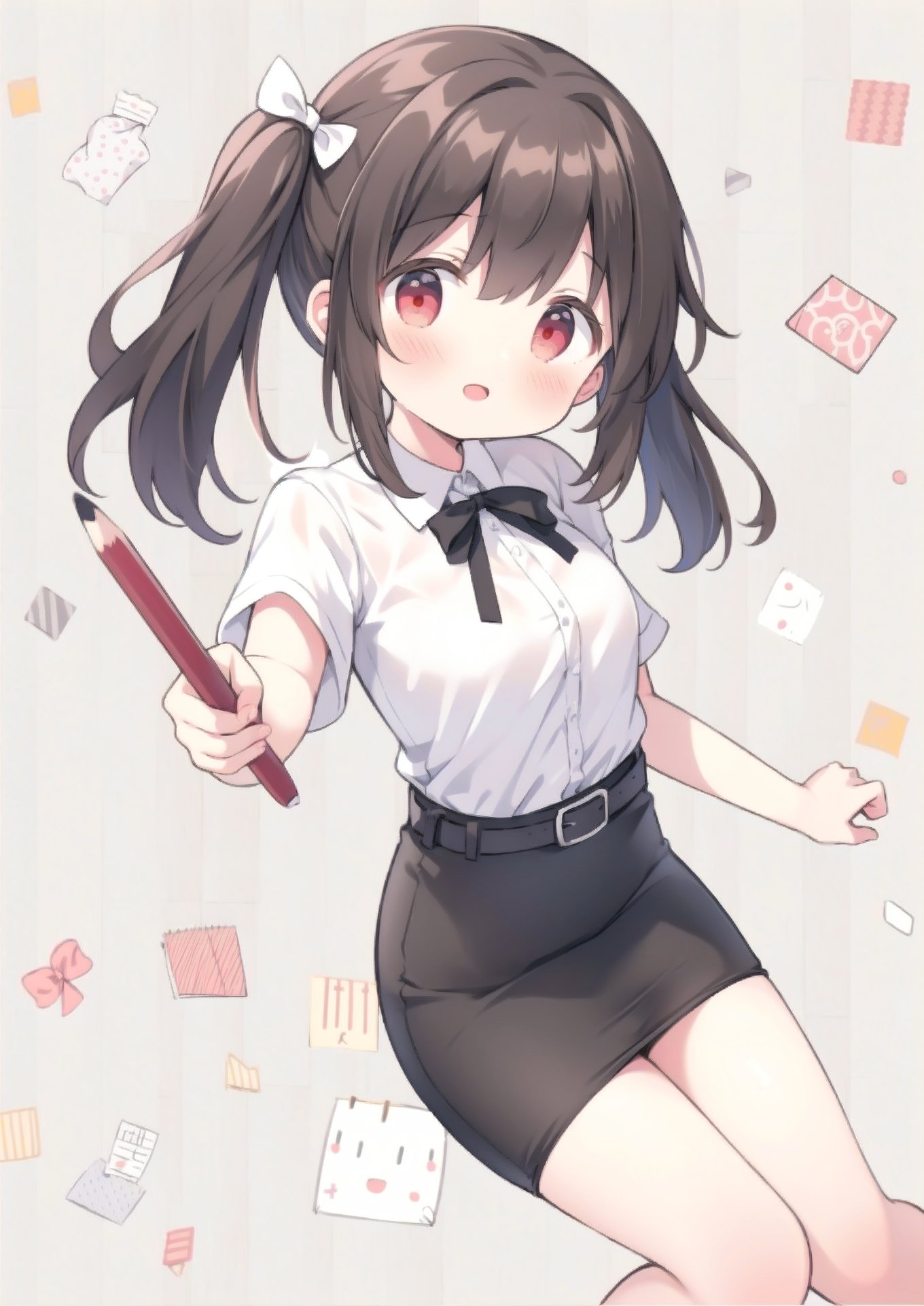 1girl, whole body, dynamic angle dynamic pose, pencil skirt, thin brown belt, (pattern background), white blouse, <lora:azumikazuki:0.7>azumikazuki, red eyes,