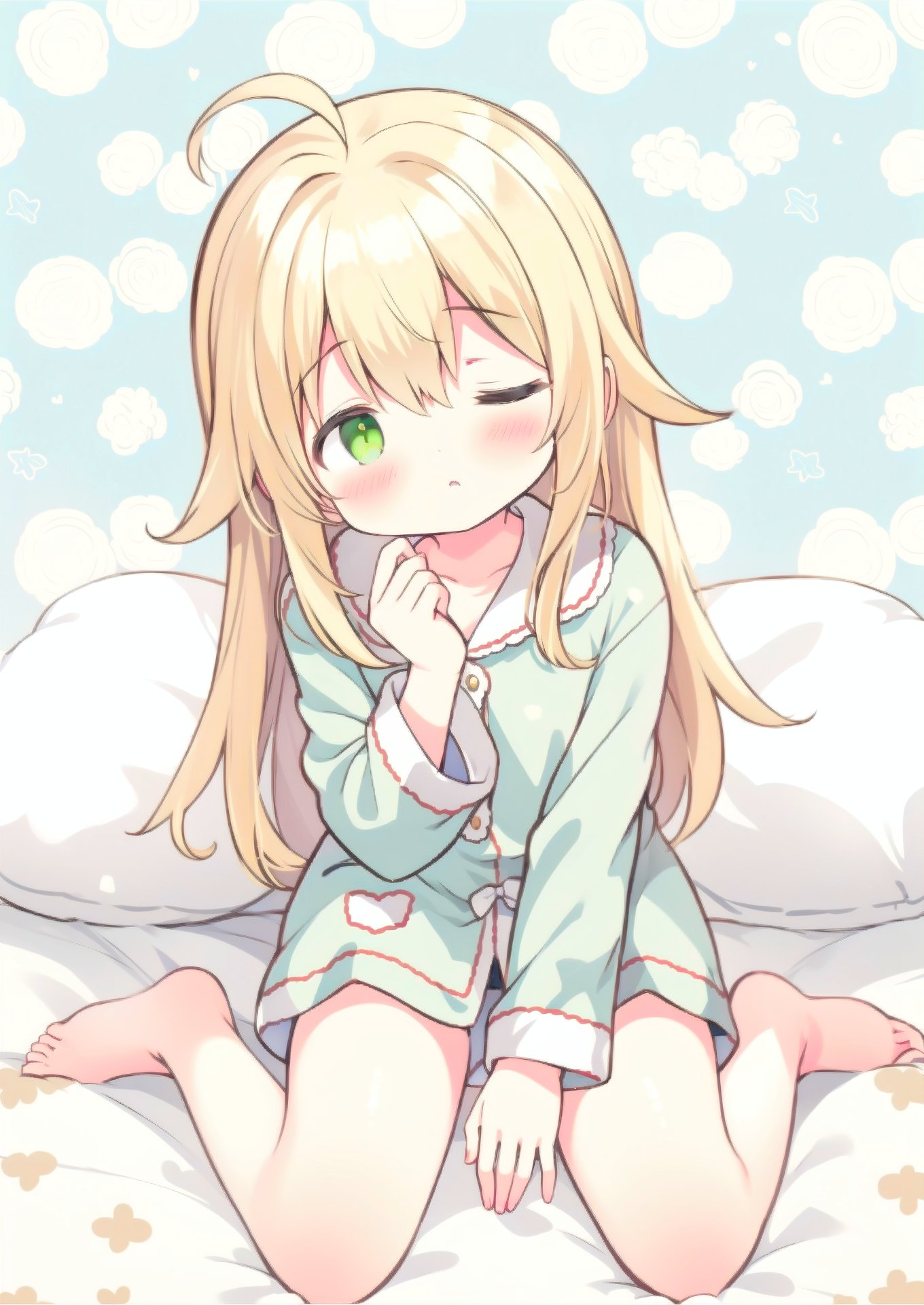 1girl, full body, sitting wariza on bed, (one hand rub:1.4) eye, (thigh:1.4), pajamas, ahoge, (pattern background), (sleepy:1.4), long blonde hair, [[green]] eyes, one eye closed, wink, <lora:azumikazuki:1>azumikazuki