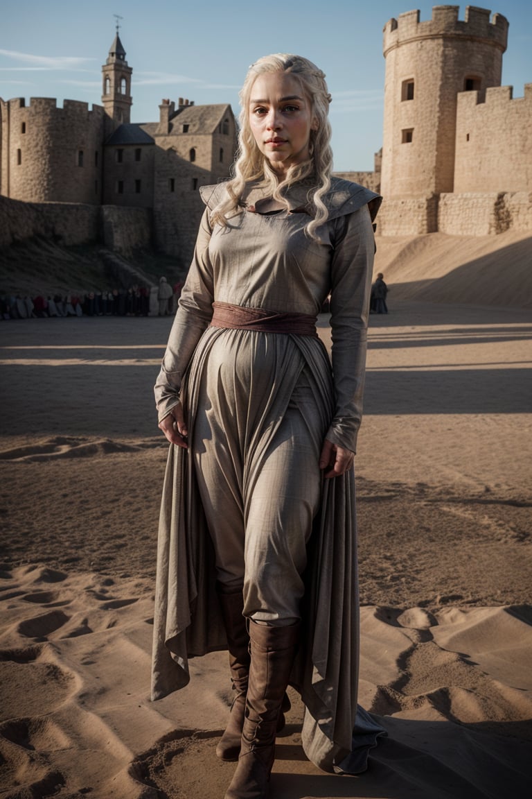 Full body view, beautiful girl,Perfect photography of girl 20 year old, wearing detailed Long medieval dress, daenerys targarien, daylight, castle on background, detailed face, detailed hands, spectators behind, perfect light, masterpiece, 8k, highest quality,khls woman