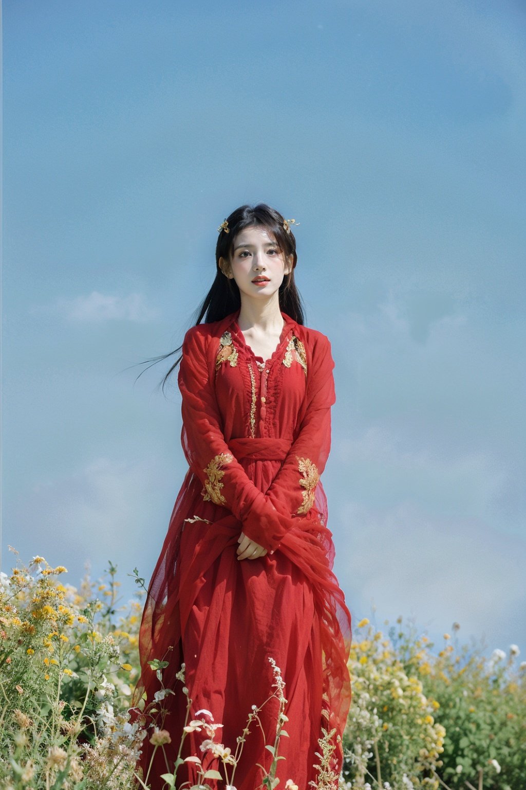 Best Quality,Masterpiece,Ultra High Resolution,(Realisticity:1.4),Original Photo,1girl,fullbody,<lora:hongqun:0.8>,in a meadow,