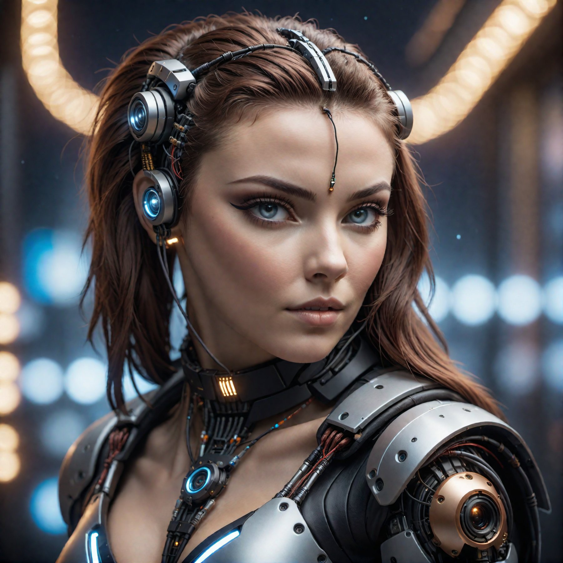 cinematic photo detailed closeup portraid of a Beautiful cyberpunk woman, robotic parts, cables, lights, text; "fenrisxl", high quality photography, 3 point lighting, flash with softbox, 4k, Canon EOS R3, hdr, smooth, sharp focus, high resolution, award winning photo, 80mm, f2.8, bokeh . 35mm photograph, film, bokeh, professional, 4k, highly detailed, high quality photography, 3 point lighting, flash with softbox, 4k, Canon EOS R3, hdr, smooth, sharp focus, high resolution, award winning photo, 80mm, f2.8, bokeh