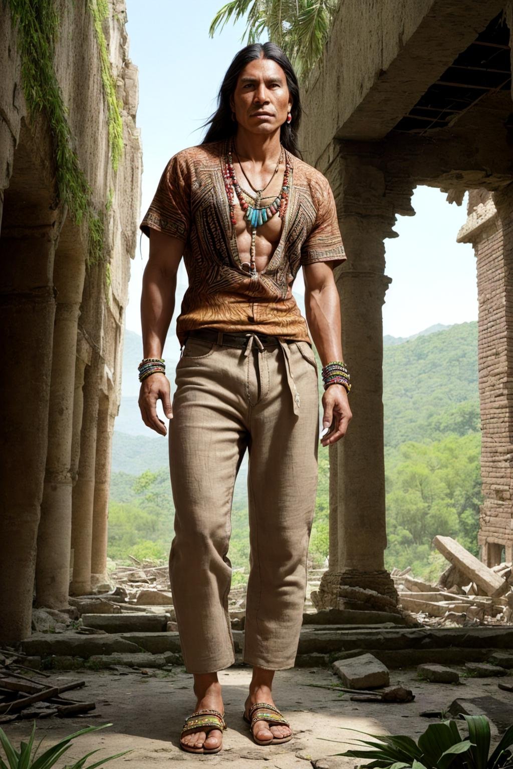 photo of a Native American Fit man, wearing a tribal print shirt, linen pants, leather sandals, beaded necklace, in a Crumbling Ruins setting