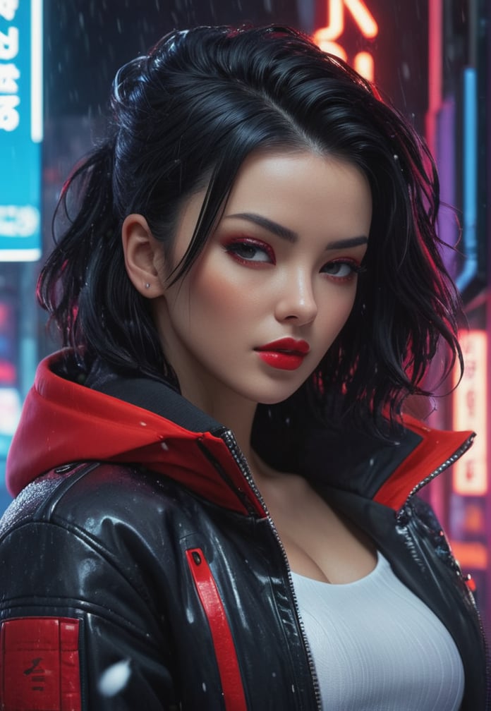 (masterpiece, high quality, realistic), cyberpunk woman, (black hair), wearing (black-red jacket), (nostalgic expression), (snowy cyberpunk city setting), (vivid neon lights), (detailed lighting contrast), (screens in background lighting), great attention to detail, (up close shot), (octane rendering), 8K resolution.