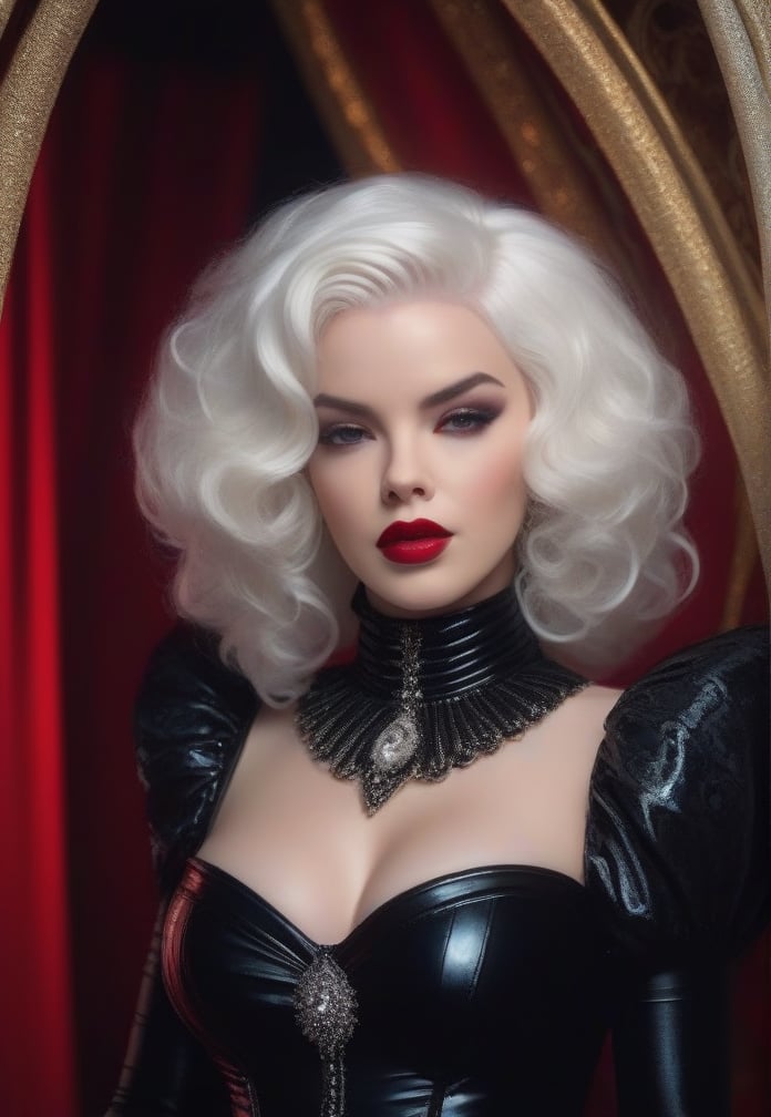 fullbody photoshoot of Moulin Rouge character a real gorgeous villian woman with snow white hair, red lips, a lush hourglass figure, in black polishing latex mini, intricate detailed in richest bejeweled, background moulin rouge, dramatic lighting, hyper realistic, 8k cinematic, UHD, 1080p, HQ